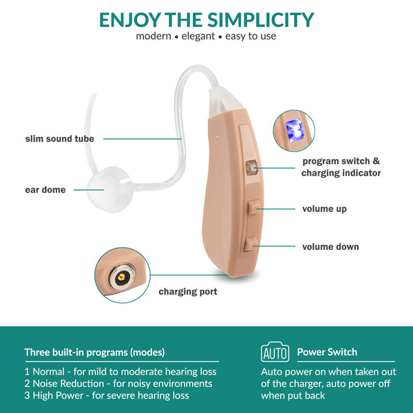B10 Rechargeable Hearing Aid Behind the Ear with Portable Charging Case - Pair
